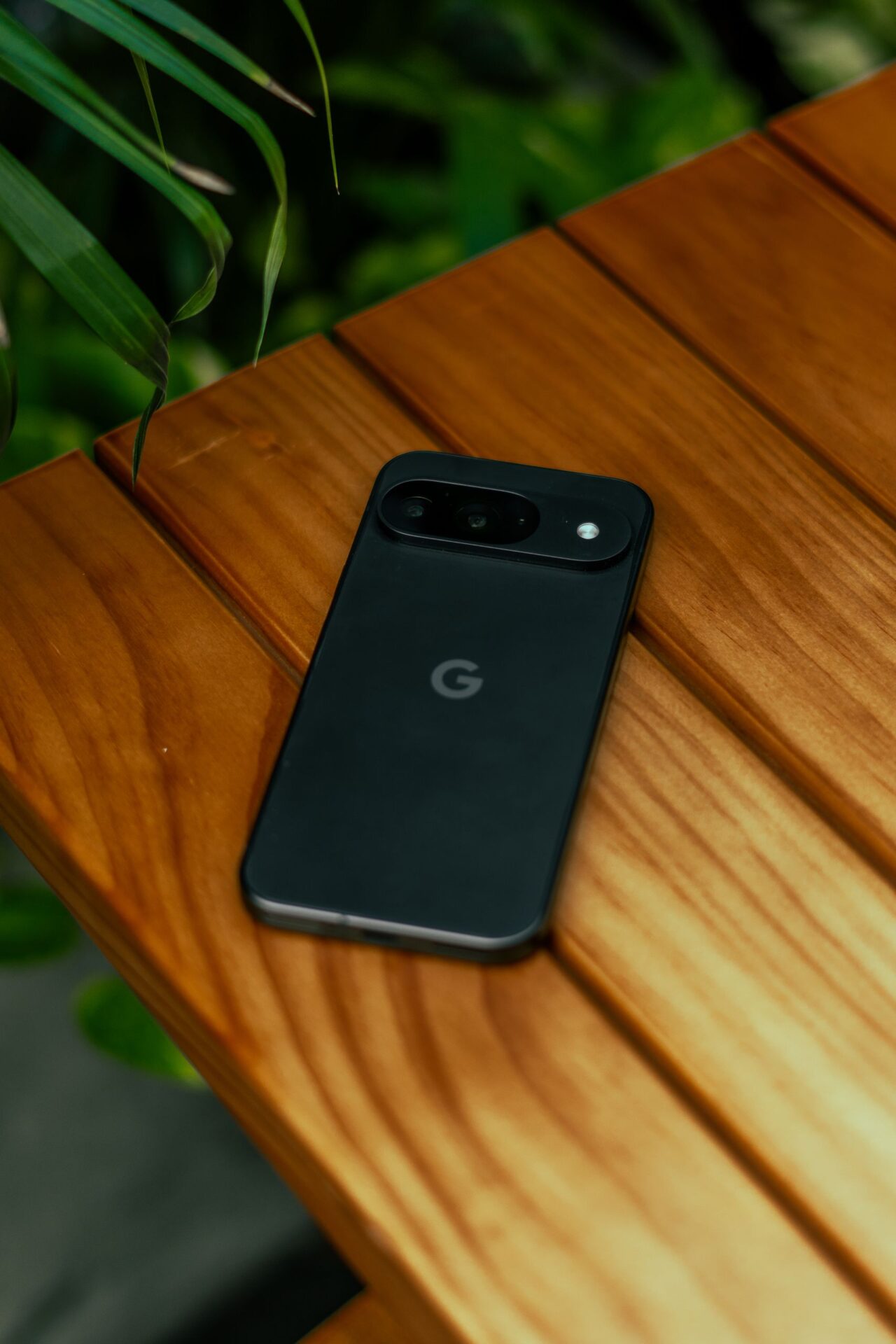 Modern black smartphone resting on a wooden surface with green plant leaves around.