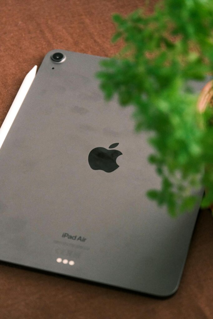 現在の画像: Tablet with pencil on table, partial view with green plant